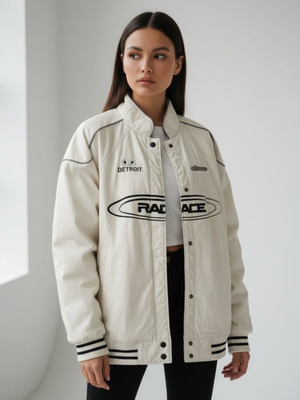 H&M Race Ace Racing Bomber Jacket White Y2K Motocross Varsity Oversized Sz M